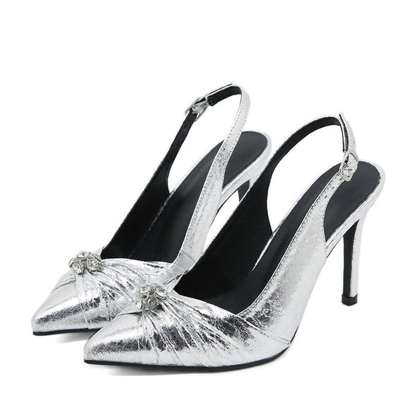 Liyke Shoes Women Pumps Pleated Pointed Toe Silver High Heels Back Buckle Strap Sandals Stiletto Mujer Mart Lion Silver 35 