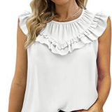 Women Summer New Vest Sleeveless Chiffon Shirt Casual Vintage O-neck Ruffles Folds Elegant Women Blouses Tank Top Mart Lion White S 