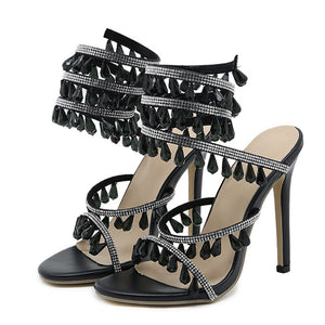 Liyke Design Crystal Gemstone Pendant Slip-On Ankle Strap Sandals Women Wedding Prom Shoes Open Toe Club Stripper Heels Mart Lion Black 35 