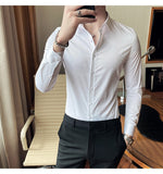 Four Season Classic Non-iron Men's Long Sleeved Casual Shirt Solid Color Mercerized Vertical Shirts Mart Lion   