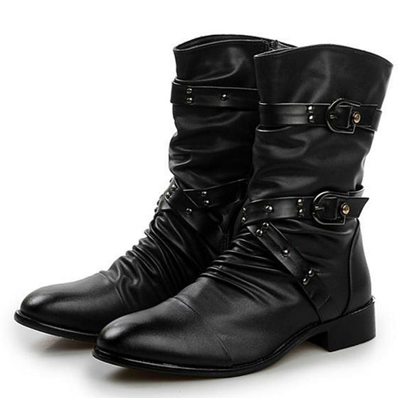  Men's Leather Boots Biker Black Punk Rock Shoes Women Tall Mart Lion - Mart Lion