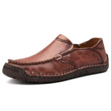 Casual Men's Shoes Genuine Leather Handmade Loafers Moccasins Slip on Driving Mart Lion Red Brown 38 