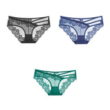 3pcs Lace Underwear For Women Low Waist Briefs Female Transparent Mesh Ladies Solid Panties Mart Lion black-blue-green M China|3PCS
