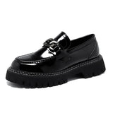 Men's Chain Casual Streetwear Vintage Thick Sole Patent Leather Slip-on Loafers Shoes Commute Wedding Dress Mart Lion Black 38 