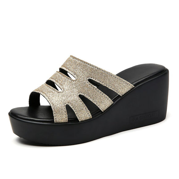  Women's Slides Ladies Slippers Summer Shoes Wedges High Heel 6.5 Cm Sequin Cow Leather Mart Lion - Mart Lion