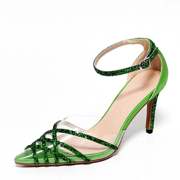  Liyke Green Glitter Sequined Ankle Strap Women Pumps PVC Pointed Toe Wedding High Heels Summer Party Prom Shoes Mart Lion - Mart Lion
