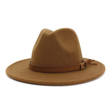 Fedora Hat Men's Women Brown Leather Belt Decoration Felt Hats Autumn Winter Imitation Woolen For Women British Style Felt Hat Mart Lion Khaki 56-58cm 