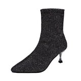 Autumn Bright Diamond Heel Women Shoes Pointed Toe Stiletto Boots Black Stretch Thin Socks Marti Mart Lion silver 34 