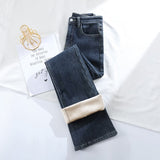 Fleece Velvet Y2K Flare Jeans Women Warm Wide Leg High Waist Loose Straight  Korean Denim Pants Winter Mart Lion Blue Gray XS CN