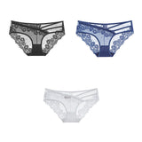 3pcs Lace Underwear For Women Low Waist Briefs Female Transparent Mesh Ladies Solid Panties Mart Lion black-blue-white M China|3PCS