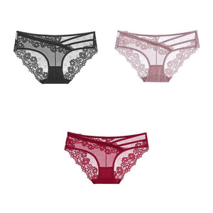 3pcs Lace Underwear For Women Low Waist Briefs Female Transparent Mesh Ladies Solid Panties Mart Lion black-pink-red M China|3PCS