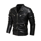 Winter Black Leather Jacket Men's Fur Lined Warm Motorcycle Slim Street BLack Biker Coat Pleated Design Zipper Mart Lion   