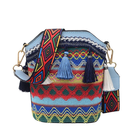 Women Bags Shoulder Bag Ethnic Wind Tassel Crossbody Small Bag Female Bucket Bag Mart Lion Light blue  
