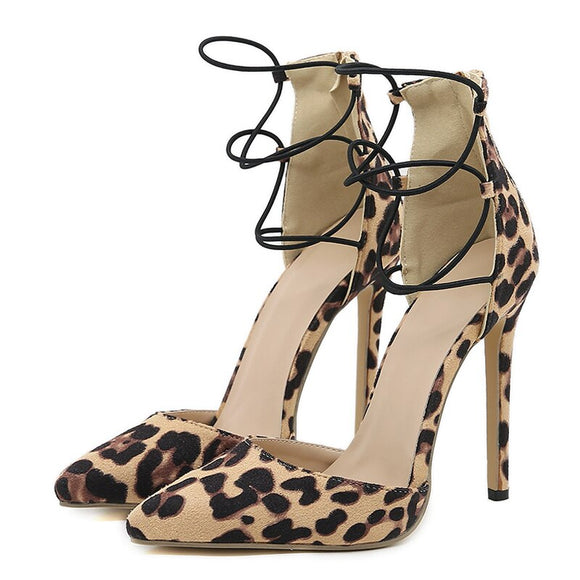 Liyke Leopard Print Pointed Toe Stiletto High Heels Sandals Female Elastic Ankle Strap Women Pumps Party Zip Shoes