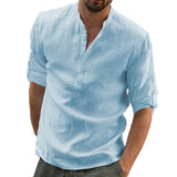 KB Men's Casual Blouse Cotton Linen Shirt Loose Tops Long Sleeve Tee Shirt Spring Autumn Casual Handsome Mart Lion Blue US S 50-60 KG 
