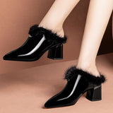  Autumn and Winter Fleece-Lined Slippers Outer Wear Pointed Toe High Heel Semi-Slipper Thick Heel Warm Mouth Women Shoes Mart Lion - Mart Lion