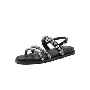 Pearl Rhinestones Flat Sandals Diamonds Flat Shoes Black Beige Crystals Beach Platform Mujer Bing Bling Mart Lion   