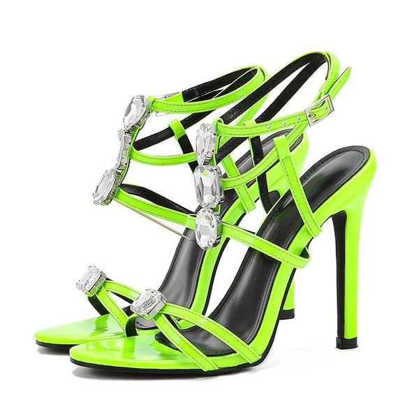  Liyke Green Ankle Strap Sandals Women Summer Shoes Diamond Rivet Design Open Toe Stripper Heels Mart Lion - Mart Lion