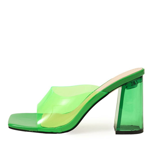 Liyke PVC Transparent Crystal Clear Heels Women Slippers Outdoor Square Open Toe Summer Sandal Shoes Female Mules Mart Lion Green 35 