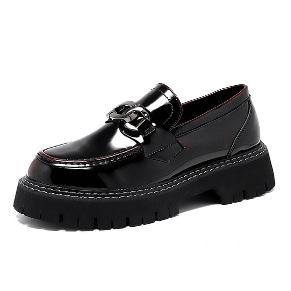 Men's Chain Casual Streetwear Vintage Thick Sole Patent Leather Slip-on Loafers Shoes Commute Wedding Dress Mart Lion Red 38 
