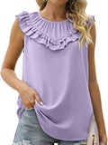 Women Summer New Vest Sleeveless Chiffon Shirt Casual Vintage O-neck Ruffles Folds Elegant Women Blouses Tank Top Mart Lion Purple S 
