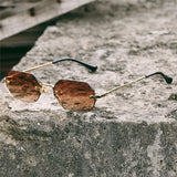 Rimless Rectangle Sunglasses Small Men Glasses Women Metal Gold Polygon Blue Shades UV400 Frameless Mart Lion   