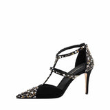 Women High Heels Simple Elegant Closed Toe Sandals Rhinestone Wedding Shoes Pointed-Toe Stiletto Mart Lion Black 34 