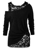 2 in 1 Two Piece Top Sheer Floral Lace Tank Top And Solid Color Knit Textured Long Sleeve T Shirt Skew Neck Casual Top Mart Lion   